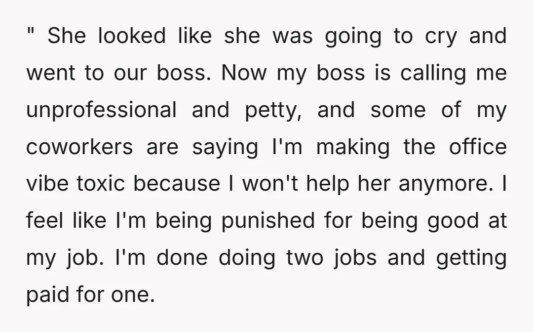 " She looked like she was going to cry and went to our boss. Now my boss is calling me unprofessional and petty, and some of my coworkers are saying...