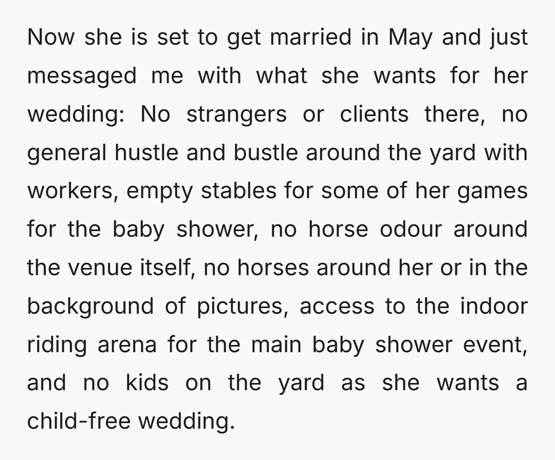 Now she is set to get married in May and just messaged me with what she wants for her wedding: No strangers or clients there, no general hustle and bustle...