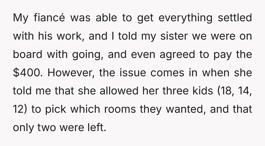 My fiancé was able to get everything settled with his work, and I told my sister we were on board with going, and even agreed to pay the $400. However,...