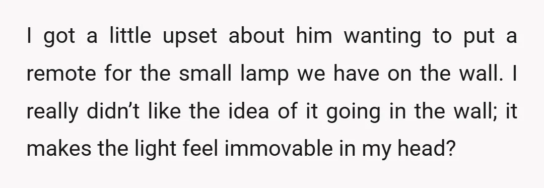 I got a little upset about him wanting to put a remote for the small lamp we have on the wall. I really didn’t like the idea of it going...