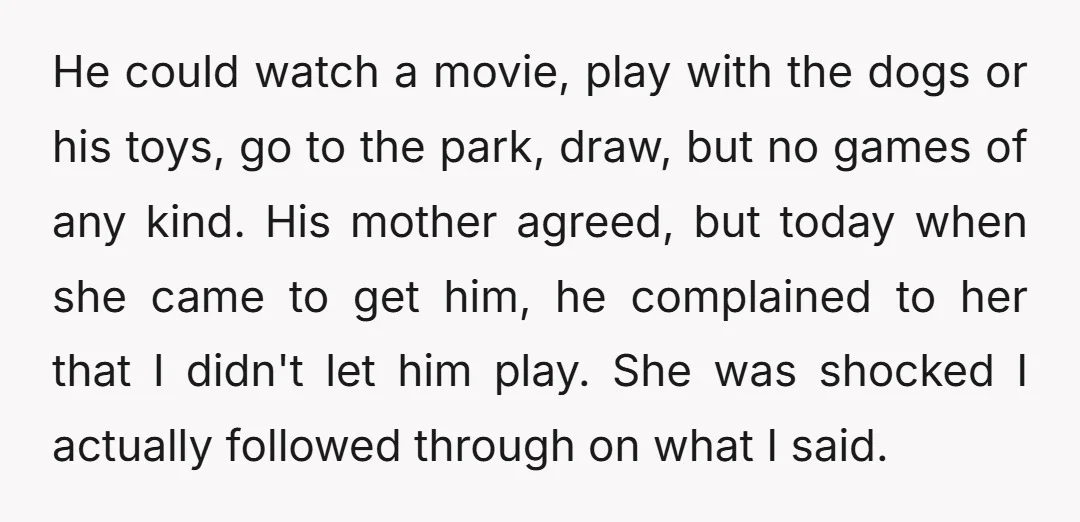 He could watch a movie, play with the dogs or his toys, go to the park, draw, but no games of any kind. His mother agreed, but today when she...