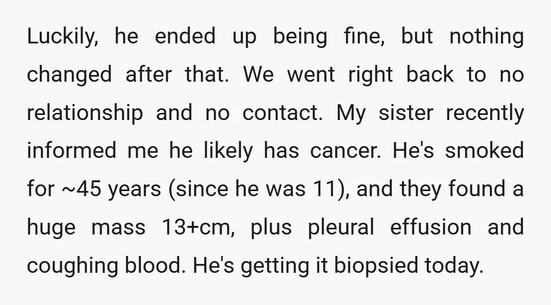 Luckily, he ended up being fine, but nothing changed after that. We went right back to no relationship and no contact. My sister recently informed me he likely has cancer....