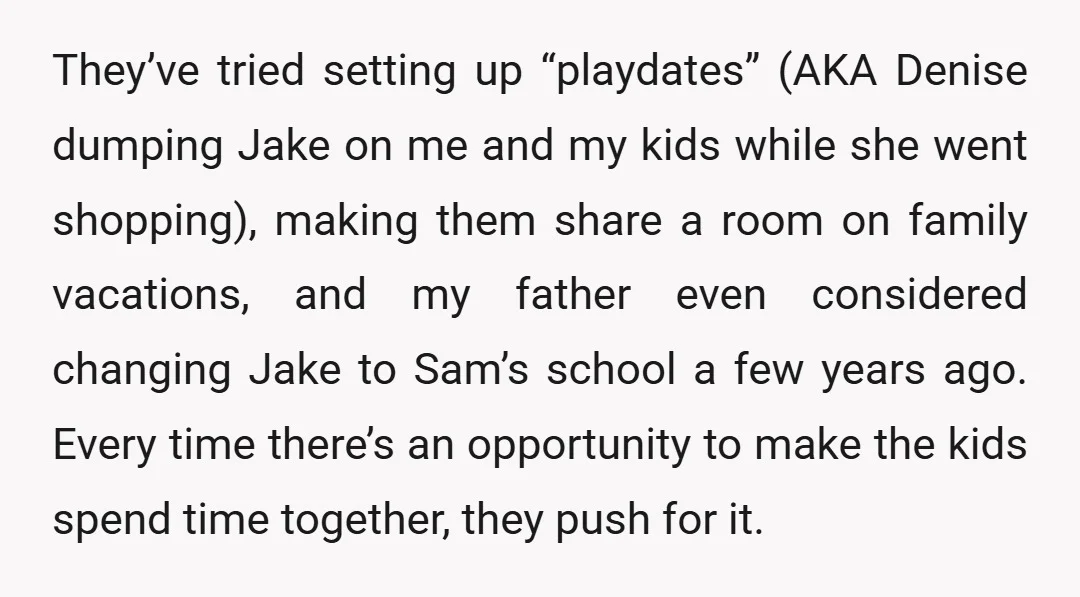 They’ve tried setting up “playdates” (AKA Denise dumping Jake on me and my kids while she went shopping), making them share a room on family vacations, and my father even...