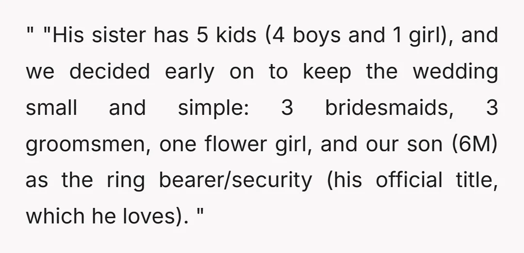 " "His sister has 5 kids (4 boys and 1 girl), and we decided early on to keep the wedding small and simple: 3 bridesmaids, 3 groomsmen, one flower girl,...