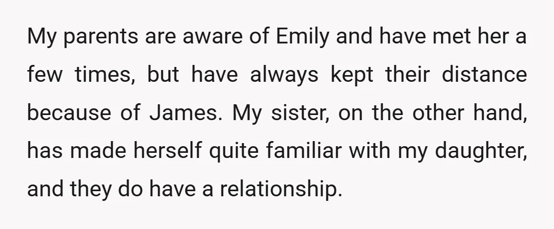 My parents are aware of Emily and have met her a few times, but have always kept their distance because of James. My sister, on the other hand, has made...
