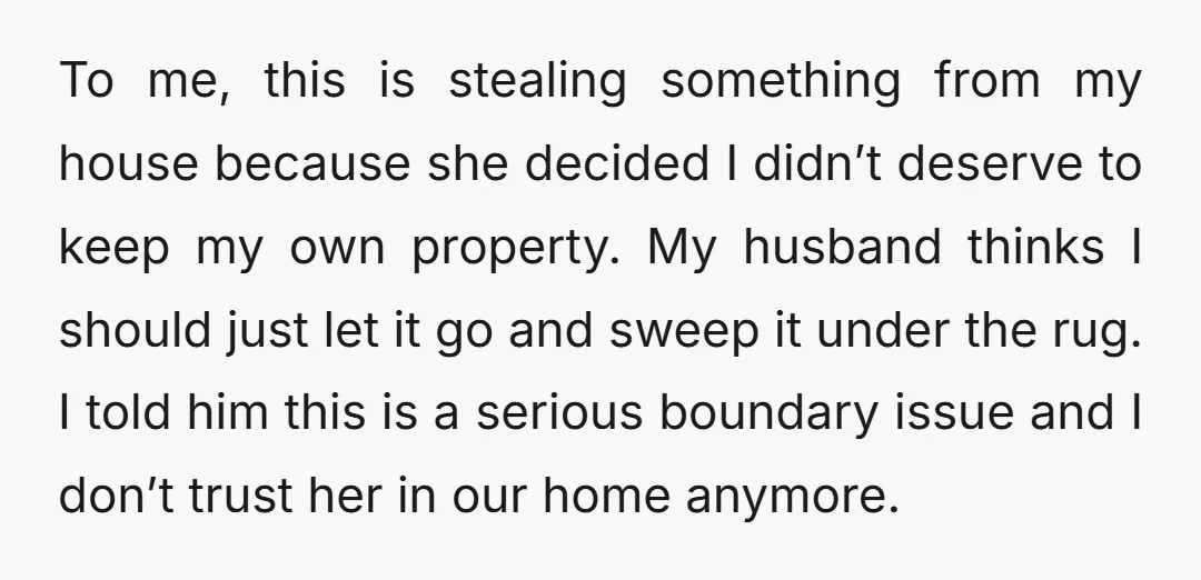 To me, this is stealing something from my house because she decided I didn’t deserve to keep my own property. My husband thinks I should just let it go and...