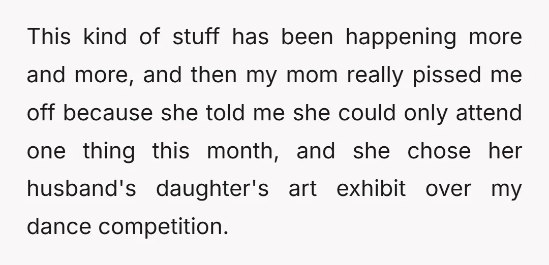 This kind of stuff has been happening more and more, and then my mom really pissed me off because she told me she could only attend one thing this month,...