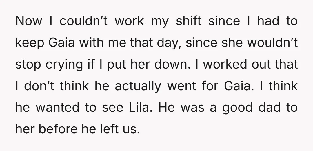 Now I couldn’t work my shift since I had to keep Gaia with me that day, since she wouldn’t stop crying if I put her down. I worked out that...