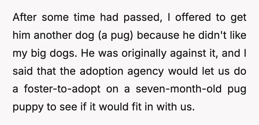 After some time had passed, I offered to get him another dog (a pug) because he didn't like my big dogs. He was originally against it, and I said that...