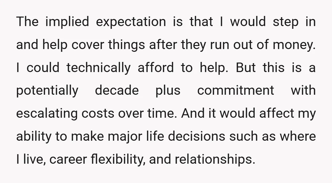 The implied expectation is that I would step in and help cover things after they run out of money. I could technically afford to help. But this is a potentially...
