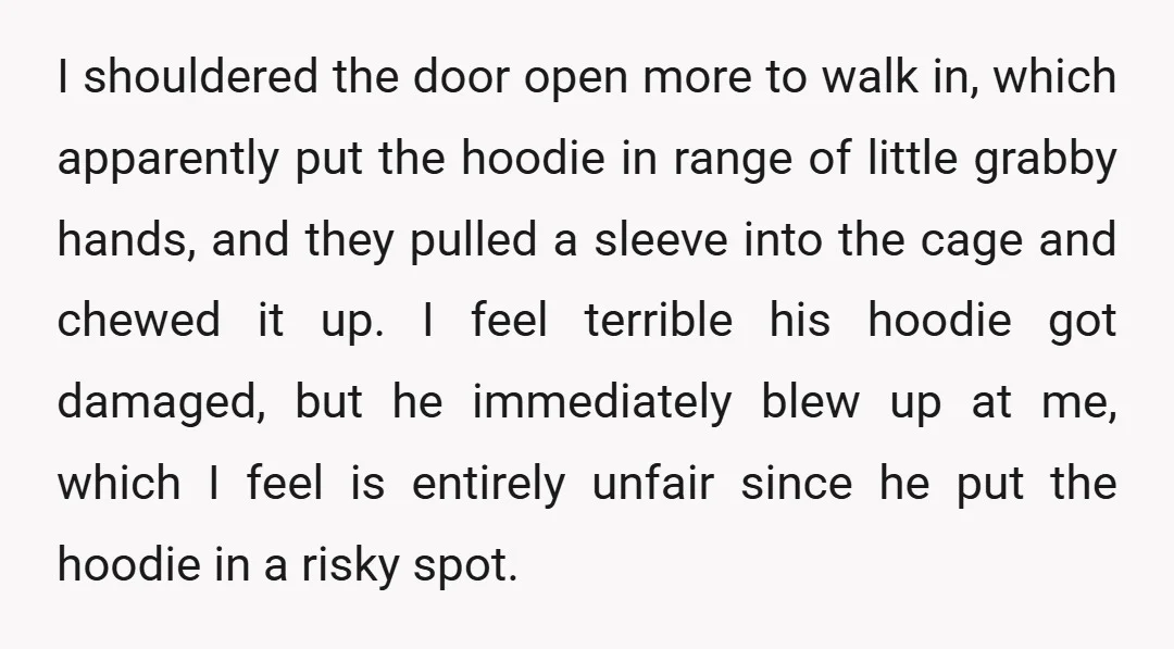 I shouldered the door open more to walk in, which apparently put the hoodie in range of little grabby hands, and they pulled a sleeve into the cage and chewed...