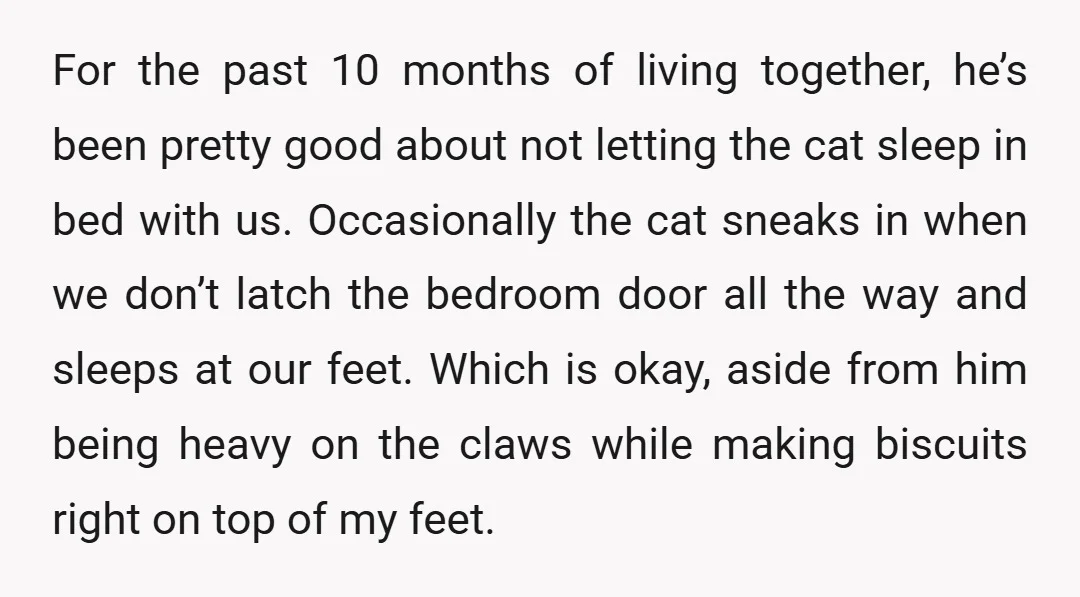 For the past 10 months of living together, he’s been pretty good about not letting the cat sleep in bed with us. Occasionally the cat sneaks in when we don’t...