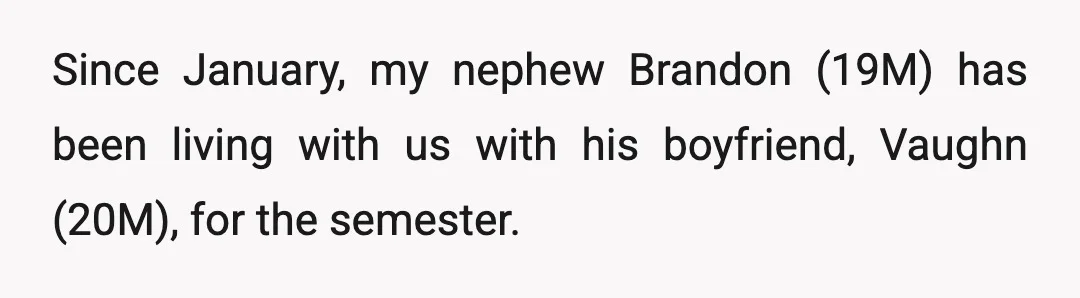 Since January, my nephew Brandon (19M) has been living with us with his boyfriend, Vaughn (20M), for the semester.