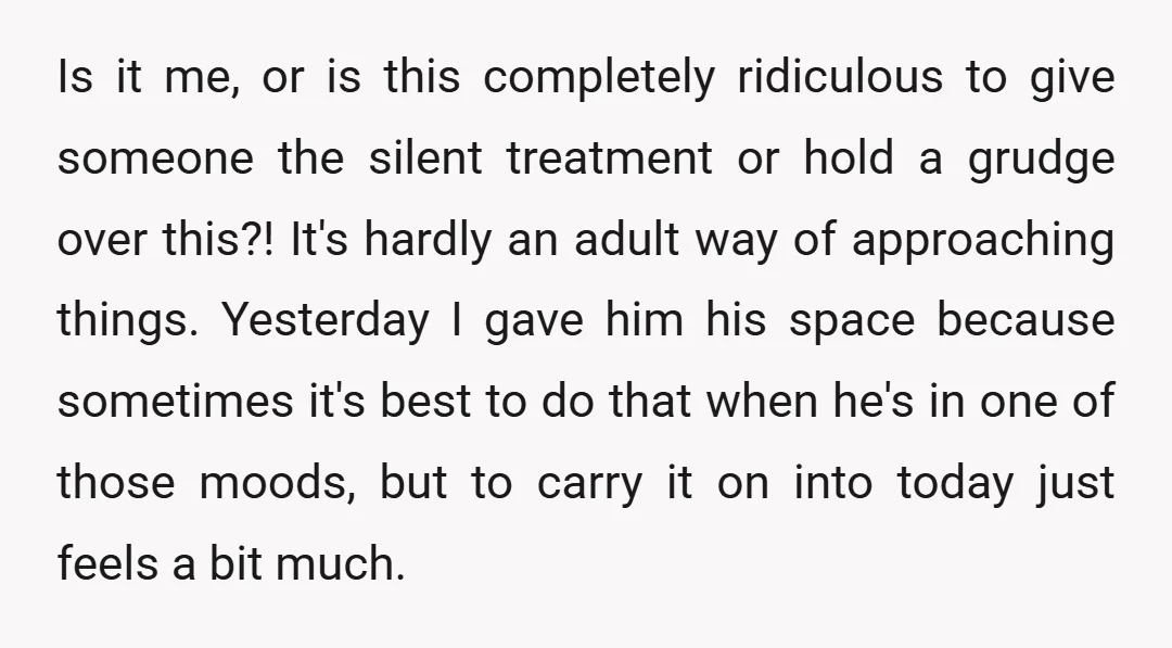 Is it me, or is this completely ridiculous to give someone the silent treatment or hold a grudge over this?! It's hardly an adult way of approaching things. Yesterday I...