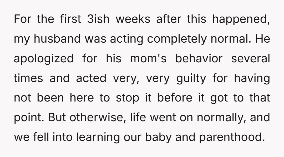 For the first 3ish weeks after this happened, my husband was acting completely normal. He apologized for his mom's behavior several times and acted very, very guilty for having not...