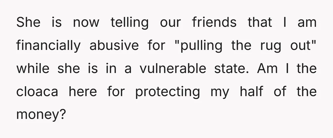 She is now telling our friends that I am financially abusive for "pulling the rug out" while she is in a vulnerable state. Am I the cloaca here for protecting...
