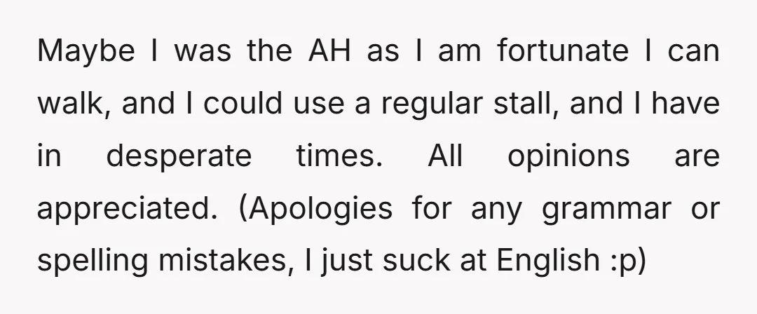 Maybe I was the AH as I am fortunate I can walk, and I could use a regular stall, and I have in desperate times. All opinions are appreciated. (Apologies...