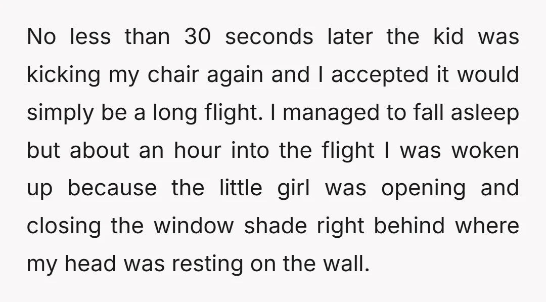 No less than 30 seconds later the kid was kicking my chair again and I accepted it would simply be a long flight. I managed to fall asleep but about...