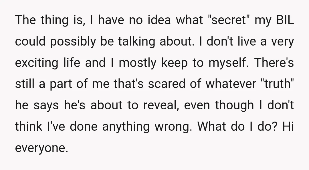 The thing is, I have no idea what "secret" my BIL could possibly be talking about. I don't live a very exciting life and I mostly keep to myself. There's...