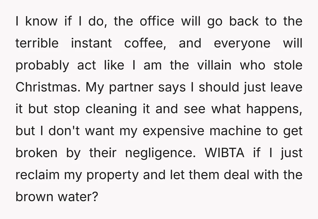 I know if I do, the office will go back to the terrible instant coffee, and everyone will probably act like I am the villain who stole Christmas. My partner...