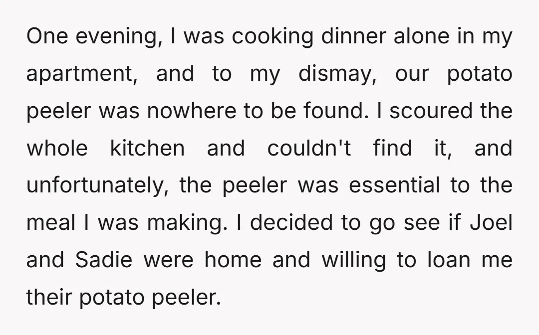 One evening, I was cooking dinner alone in my apartment, and to my dismay, our potato peeler was nowhere to be found. I scoured the whole kitchen and couldn't find...