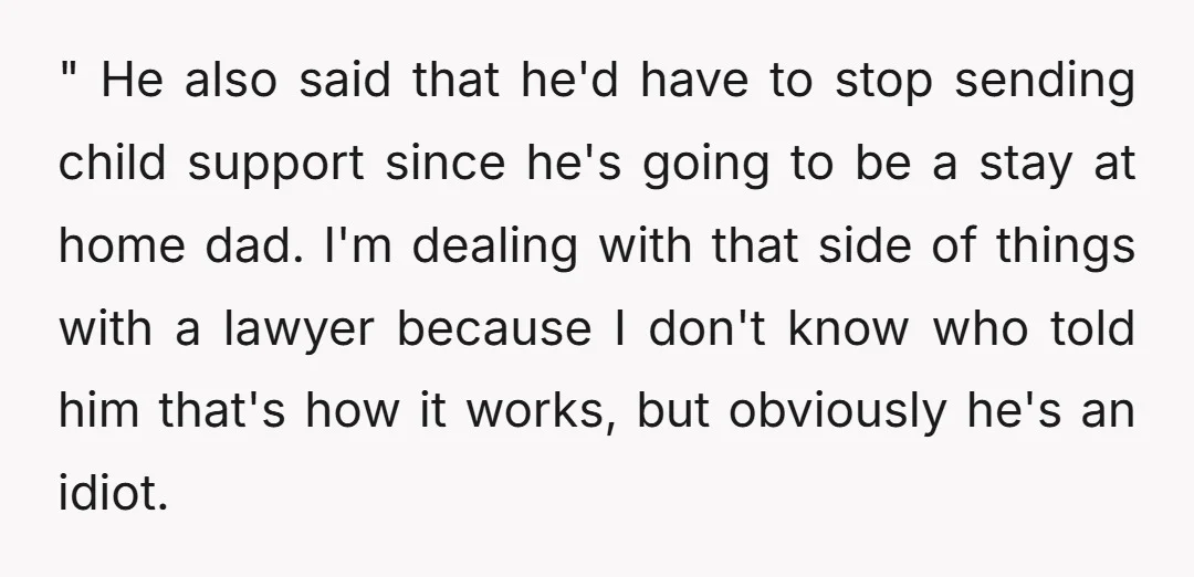 " He also said that he'd have to stop sending child support since he's going to be a stay at home dad. I'm dealing with that side of things with...