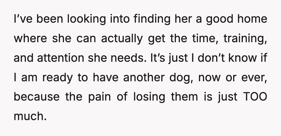 I’ve been looking into finding her a good home where she can actually get the time, training, and attention she needs. It’s just I don’t know if I am ready...