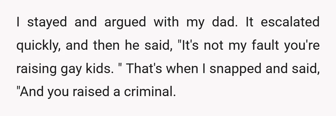 I stayed and argued with my dad. It escalated quickly, and then he said, "It's not my fault you're raising gay kids. " That's when I snapped and said, "And...