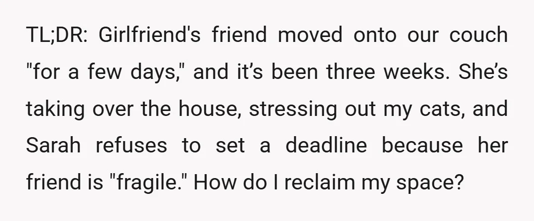 TL;DR: Girlfriend's friend moved onto our couch "for a few days," and it’s been three weeks. She’s taking over the house, stressing out my cats, and Sarah refuses to set...
