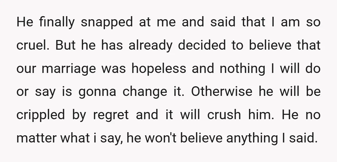 He finally snapped at me and said that I am so cruel. But he has already decided to believe that our marriage was hopeless and nothing I will do or...