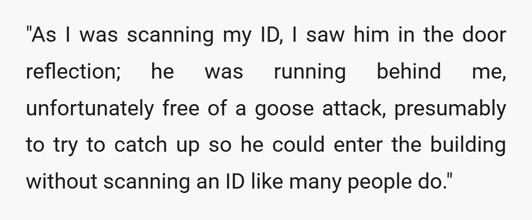 "As I was scanning my ID, I saw him in the door reflection; he was running behind me, unfortunately free of a goose attack, presumably to try to catch up...