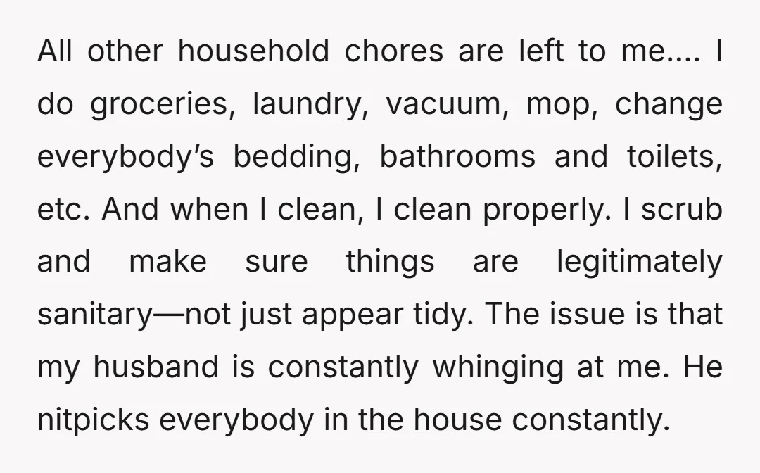 All other household chores are left to me…. I do groceries, laundry, vacuum, mop, change everybody’s bedding, bathrooms and toilets, etc. And when I clean, I clean properly. I scrub...