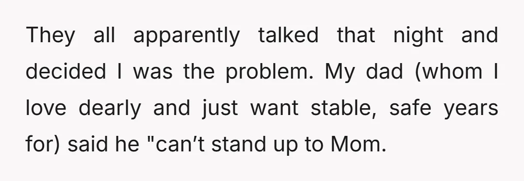 They all apparently talked that night and decided I was the problem. My dad (whom I love dearly and just want stable, safe years for) said he "can’t stand up...