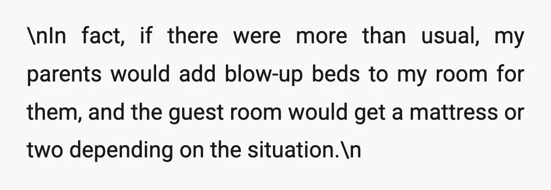 \nIn fact, if there were more than usual, my parents would add blow-up beds to my room for them, and the guest room would get a mattress or two depending...