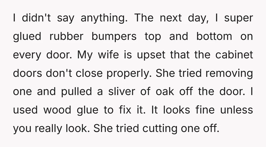 I didn't say anything. The next day, I super glued rubber bumpers top and bottom on every door. My wife is upset that the cabinet doors don't close properly. She...