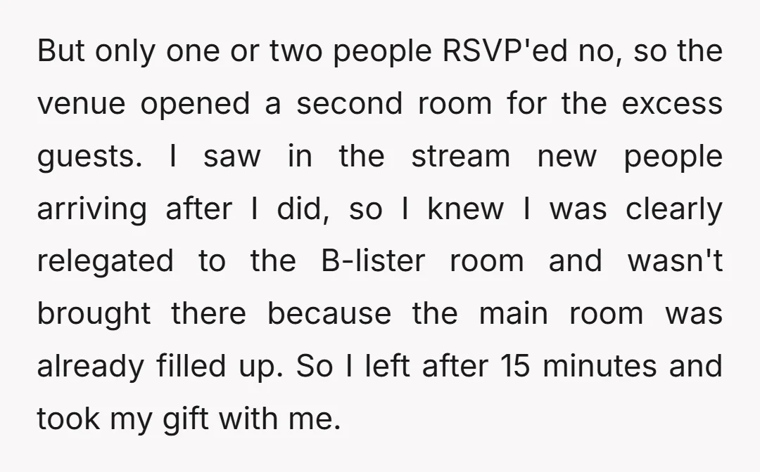 But only one or two people RSVP'ed no, so the venue opened a second room for the excess guests. I saw in the stream new people arriving after I did,...