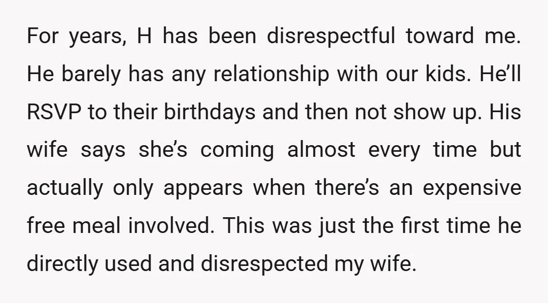 For years, H has been disrespectful toward me. He barely has any relationship with our kids. He’ll RSVP to their birthdays and then not show up. His wife says she’s...