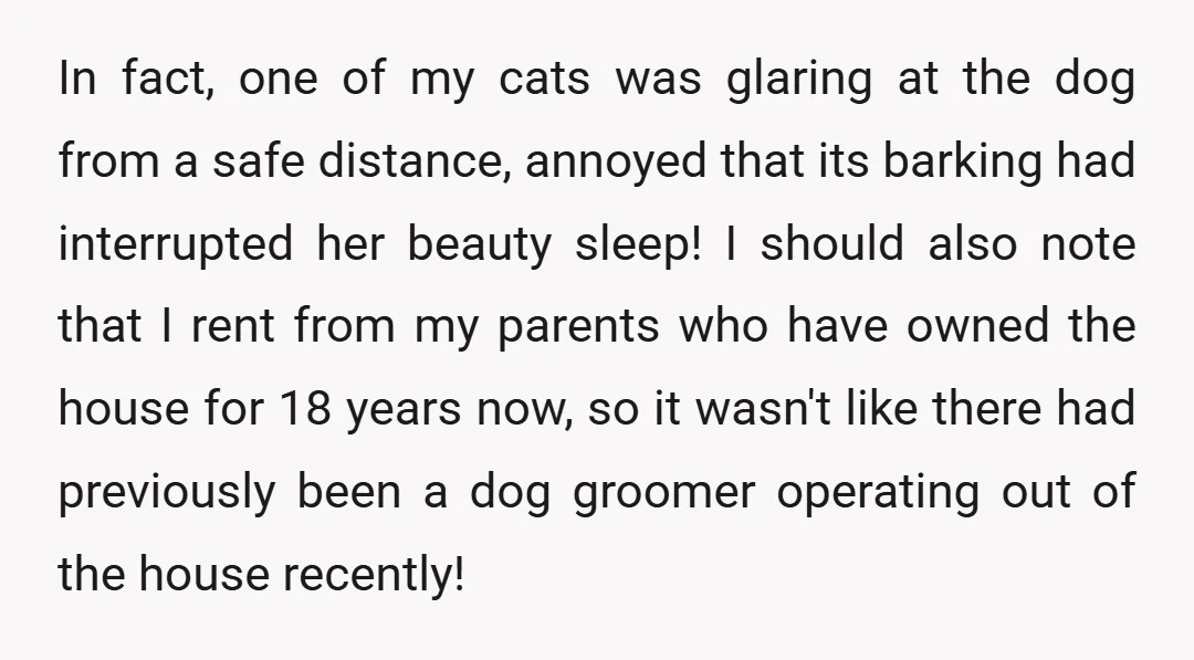 In fact, one of my cats was glaring at the dog from a safe distance, annoyed that its barking had interrupted her beauty sleep! I should also note that I...