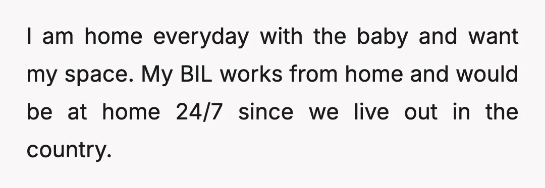 I am home everyday with the baby and want my space. My BIL works from home and would be at home 24/7 since we live out in the country.