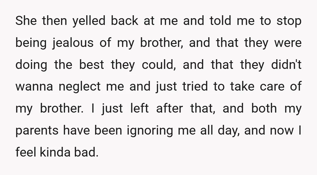 She then yelled back at me and told me to stop being jealous of my brother, and that they were doing the best they could, and that they didn't wanna...