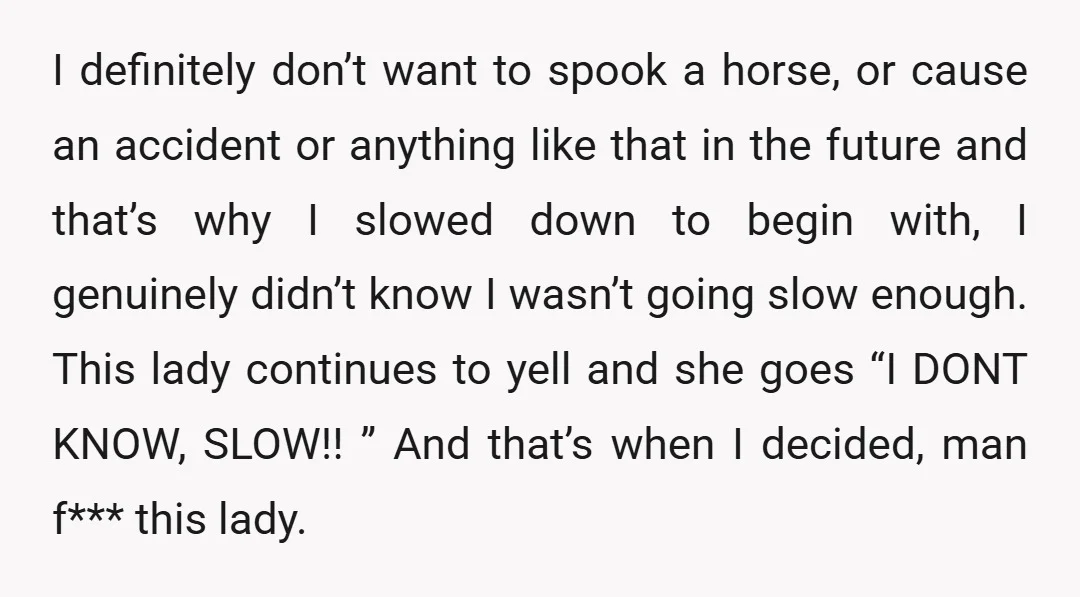 I definitely don’t want to spook a horse, or cause an accident or anything like that in the future and that’s why I slowed down to begin with, I genuinely...