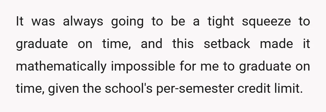 It was always going to be a tight squeeze to graduate on time, and this setback made it mathematically impossible for me to graduate on time, given the school's per-semester...