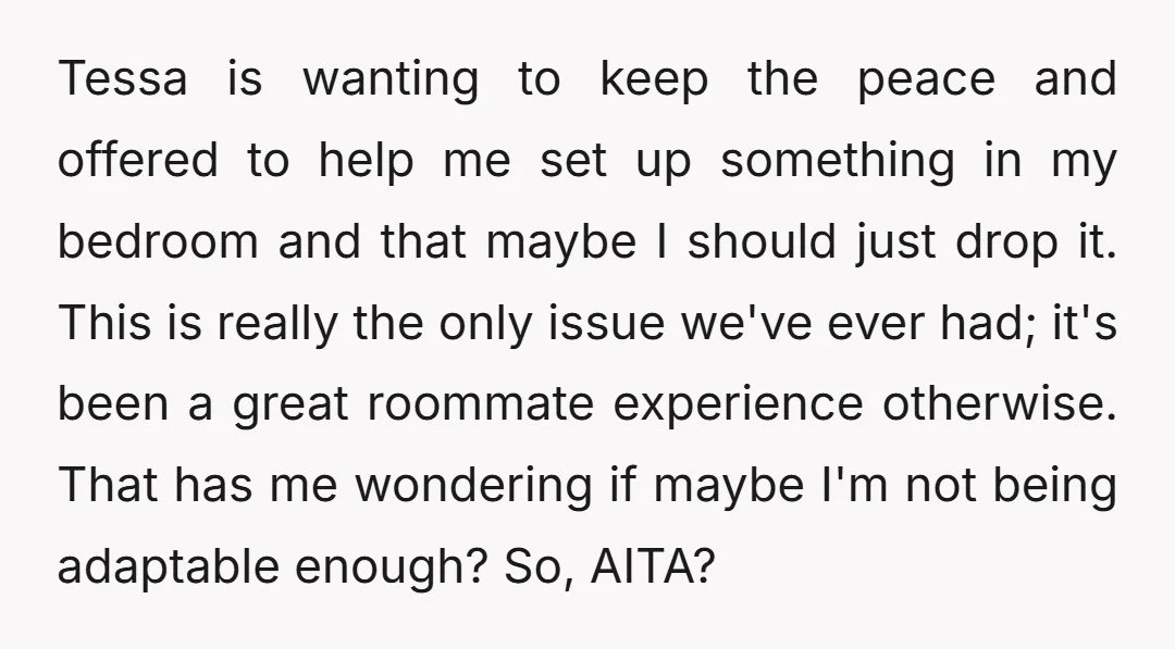 Tessa is wanting to keep the peace and offered to help me set up something in my bedroom and that maybe I should just drop it. This is really the...