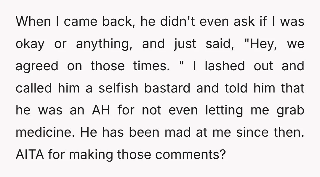 When I came back, he didn't even ask if I was okay or anything, and just said, "Hey, we agreed on those times. " I lashed out and called him...