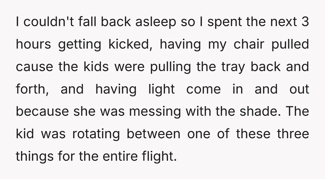 I couldn't fall back asleep so I spent the next 3 hours getting kicked, having my chair pulled cause the kids were pulling the tray back and forth, and having...