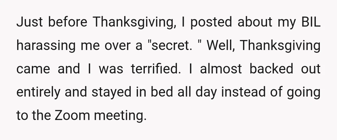 Just before Thanksgiving, I posted about my BIL harassing me over a "secret. " Well, Thanksgiving came and I was terrified. I almost backed out entirely and stayed in bed...