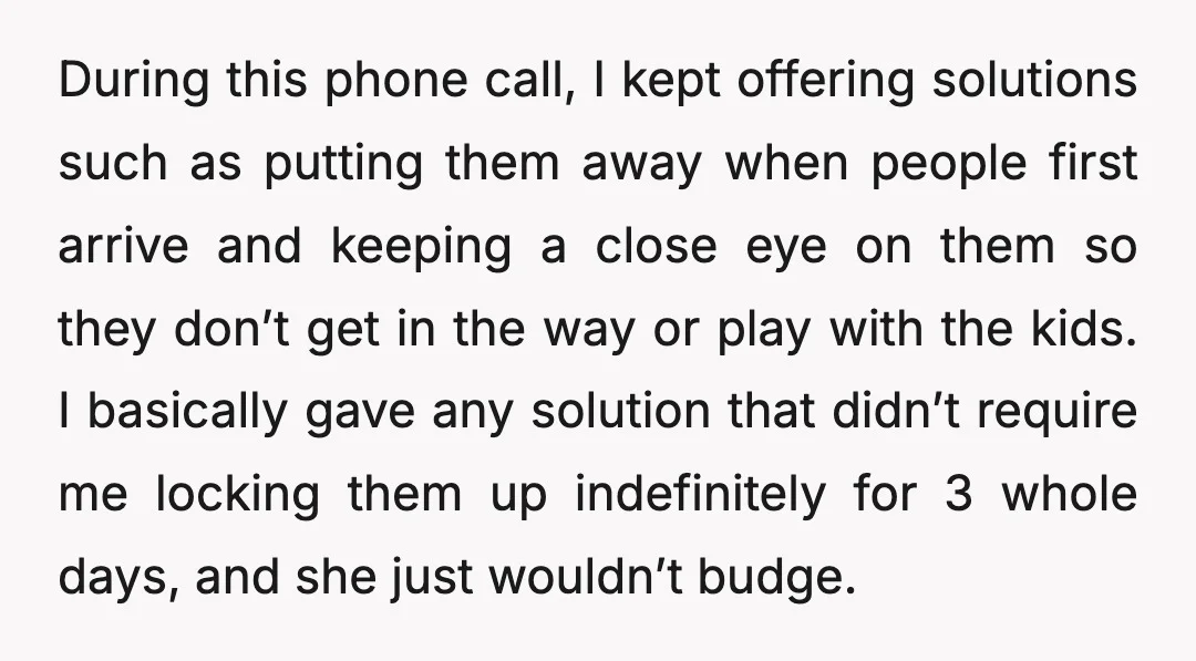 During this phone call, I kept offering solutions such as putting them away when people first arrive and keeping a close eye on them so they don’t get in the...