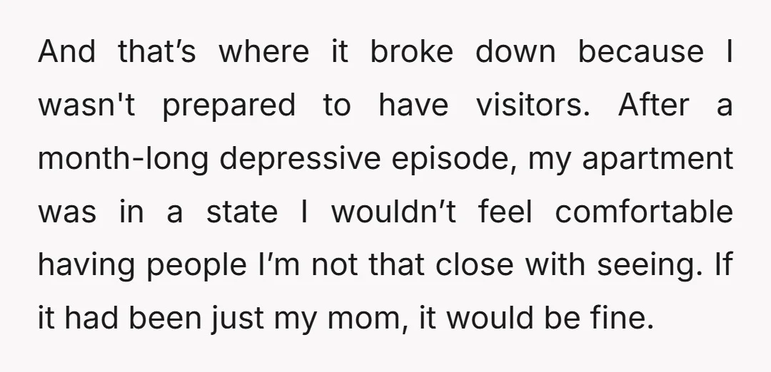 And that’s where it broke down because I wasn't prepared to have visitors. After a month-long depressive episode, my apartment was in a state I wouldn’t feel comfortable having people...