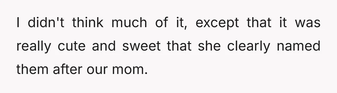 I didn't think much of it, except that it was really cute and sweet that she clearly named them after our mom.