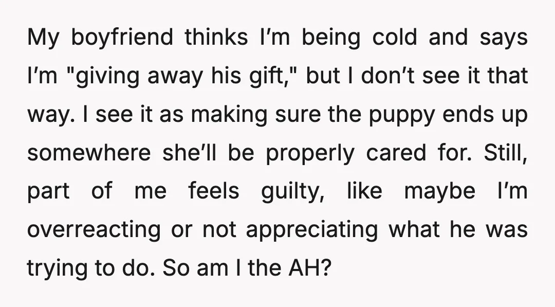 My boyfriend thinks I’m being cold and says I’m "giving away his gift," but I don’t see it that way. I see it as making sure the puppy ends up...
